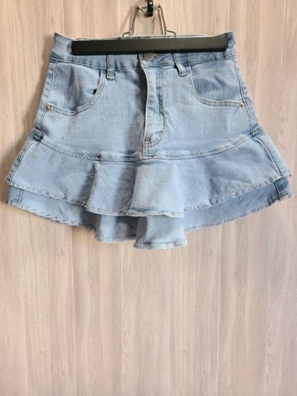 Shein Ruffle Denim Mini Skirt Small Light Wash Tiered Hem Y2K Festival